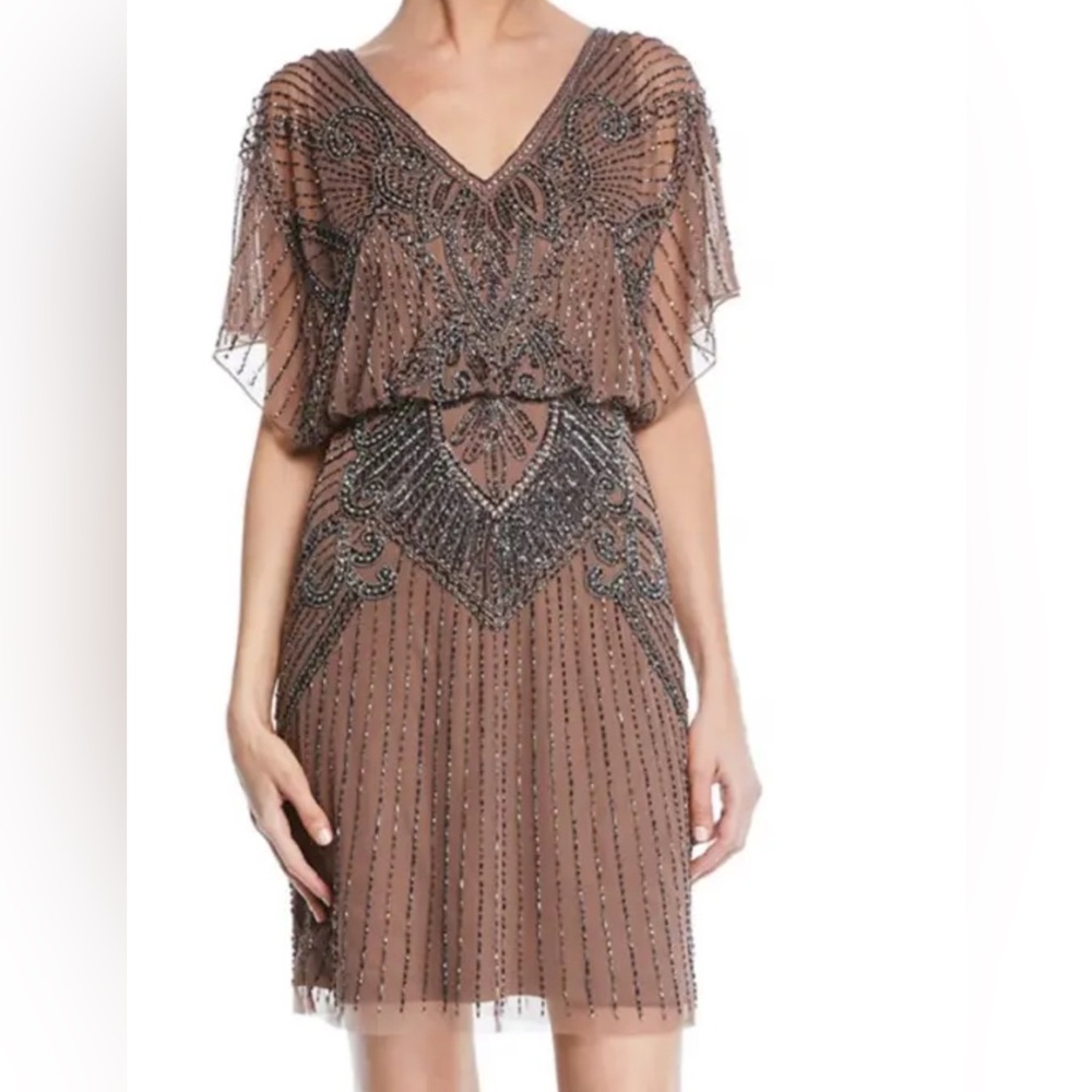 1920s Flapper AIDAN MATTOX 8 Beaded Sheer Illusion Nude Designer Medium Taupe